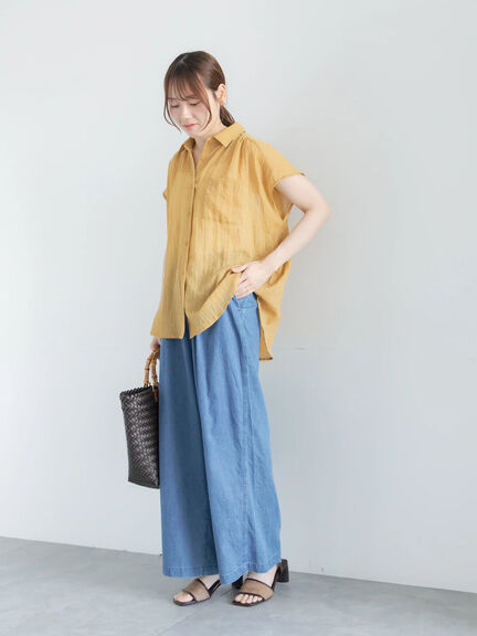 【7色展開】シャンブレーボイルフレンチスリーブシャツ（オフホワイト/チャコールグレー/マスタード/グリーン/ブルー/パープル/テラコッタ）｜Te chichi（テチチ）通販