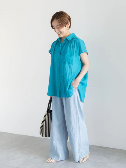 【7色展開】シャンブレーボイルフレンチスリーブシャツ（オフホワイト/チャコールグレー/マスタード/グリーン/ブルー/パープル/テラコッタ）｜Te chichi（テチチ）通販
