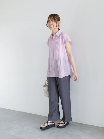 【7色展開】シャンブレーボイルフレンチスリーブシャツ（オフホワイト/チャコールグレー/マスタード/グリーン/ブルー/パープル/テラコッタ）｜Te chichi（テチチ）通販