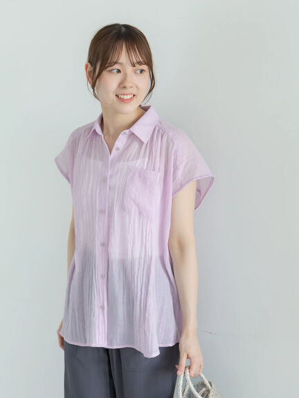【7色展開】シャンブレーボイルフレンチスリーブシャツ（オフホワイト/チャコールグレー/マスタード/グリーン/ブルー/パープル/テラコッタ）｜Te chichi（テチチ）通販