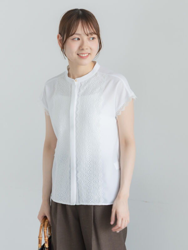 新品タグ付き】PEレースフレンチスリーブシャツ ホワイト セール 
