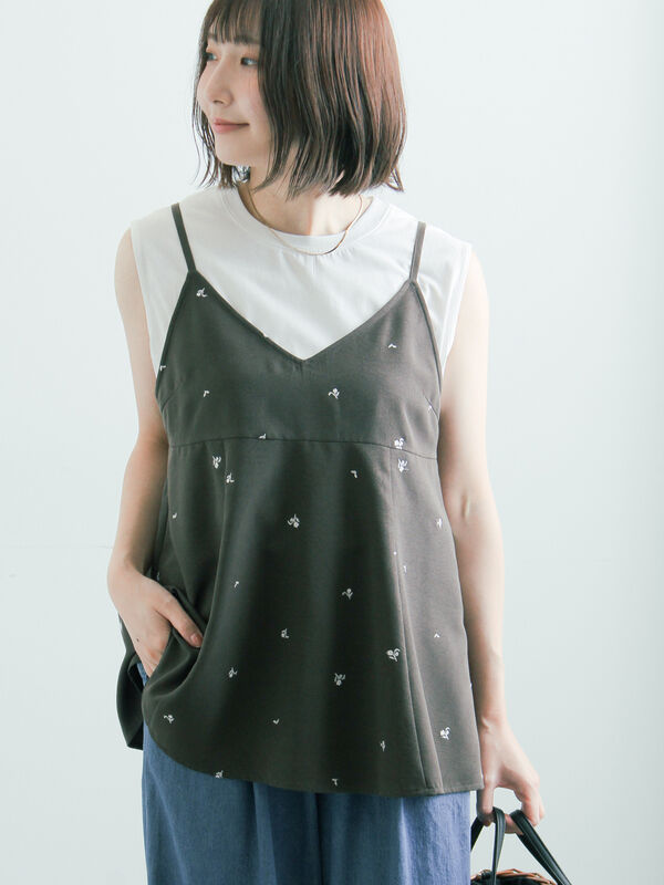 小花柄刺繍キャミチュニック(セットアップ可)（チャコールグレー