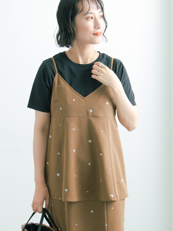 小花柄刺繍キャミチュニック(セットアップ可)（チャコールグレー
