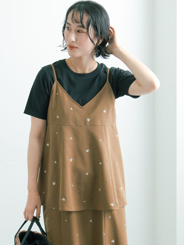 小花柄刺繍キャミチュニック(セットアップ可)（チャコールグレー