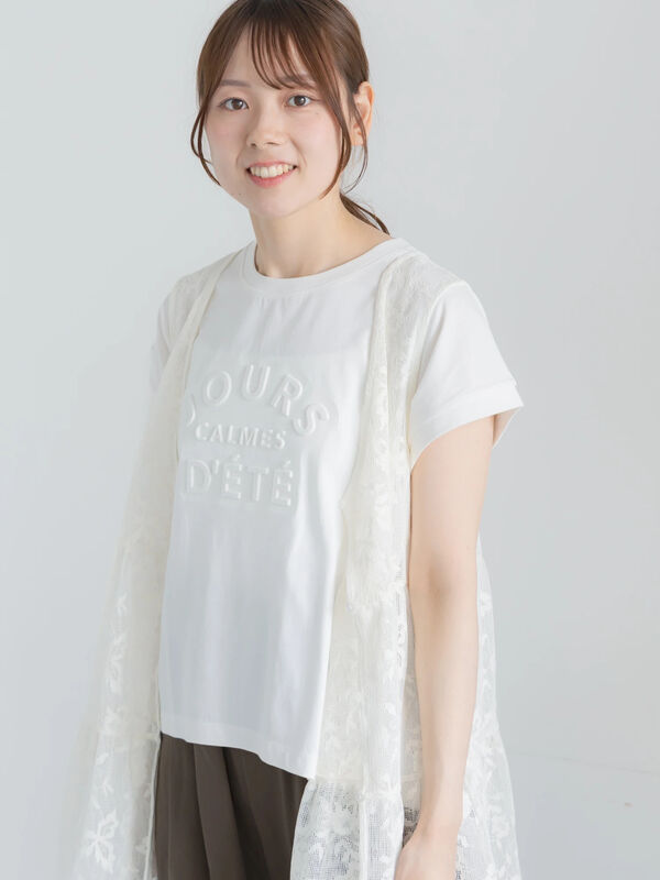 セール】 【接触冷感】エンボスロゴフレンチスリーブTシャツ（オフ