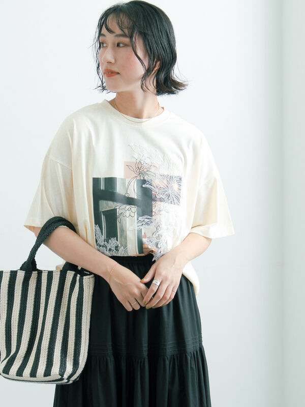 セール】 【接触冷感】モチーフレースプリントTシャツ（オフホワイト