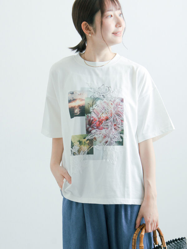 セール】 【接触冷感】モチーフレースプリントTシャツ（オフホワイト