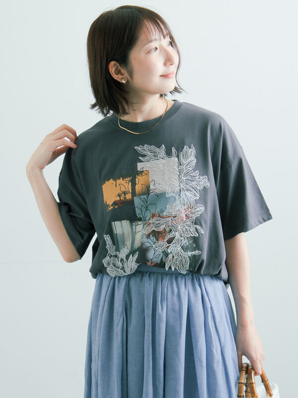 セール】 【接触冷感】モチーフレースプリントTシャツ（オフホワイト