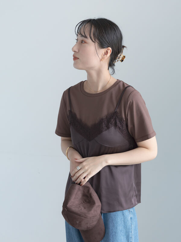セール】 サテンキャミドッキングTシャツ（ホワイト/ブラック/ブラウン