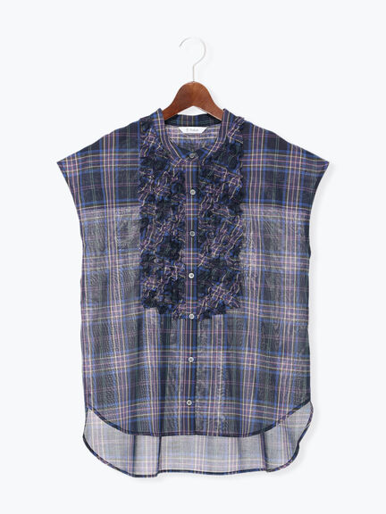 【イージーケア/通気性】チェックフリルフレンチスリーブブラウス（オフホワイト/オレンジ/ブルー）｜Te chichi（テチチ）通販