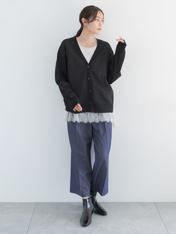 セール】 リネン混ダブルジャガードVネックカーディガン（ブラック