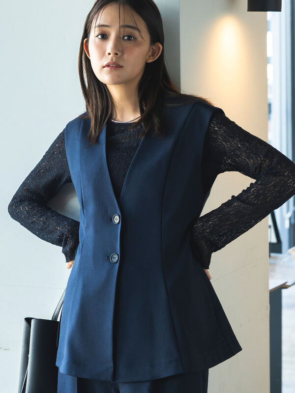 UVカット/ウォッシャブル/撥水加工】ウールライクノーカラーフレアジレ