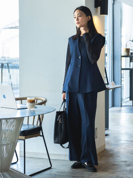 【UVカット/ウォッシャブル/撥水加工】ウールライクノーカラーフレアジレ(セットアップ可)《2026 AUTUMN LOOK item》（ブラウン/ネイビー）｜Te chichi（テチチ）通販