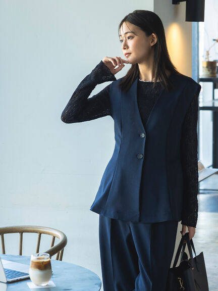 【UVカット/ウォッシャブル/撥水加工】ウールライクノーカラーフレアジレ(セットアップ可)《2026 AUTUMN LOOK item》（ブラウン/ネイビー）｜Te chichi（テチチ）通販