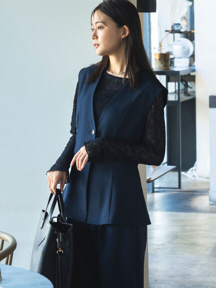 【UVカット/ウォッシャブル/撥水加工】ウールライクノーカラーフレアジレ(セットアップ可)《2026 AUTUMN LOOK item》（ブラウン/ネイビー）｜Te chichi（テチチ）通販
