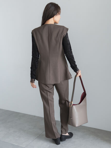 【UVカット/ウォッシャブル/撥水加工】ウールライクノーカラーフレアジレ(セットアップ可)《2026 AUTUMN LOOK item》（ブラウン/ネイビー）｜Te chichi（テチチ）通販