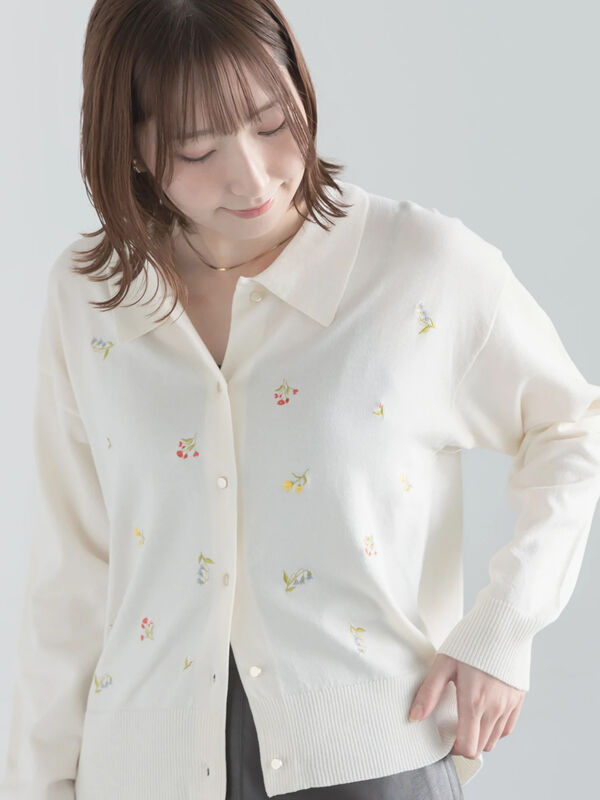 ポロカラー刺繍ロングスリーブニット（オフホワイト/グレー/ブラック
