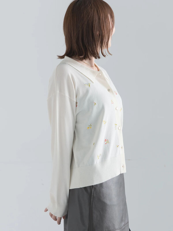 ポロカラー刺繍ロングスリーブニット（オフホワイト/グレー/ブラック