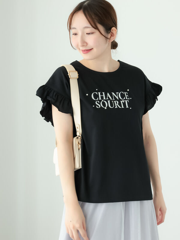 セール】 【抗菌防臭】フリル袖パールロゴプリントTシャツ（オフ 