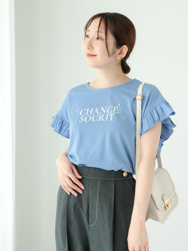 セール】 【抗菌防臭】フリル袖パールロゴプリントTシャツ（オフ