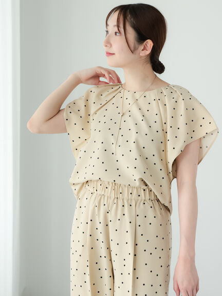 セール】 【セットアップ可】麻調タックブラウス（チャコールグレー  