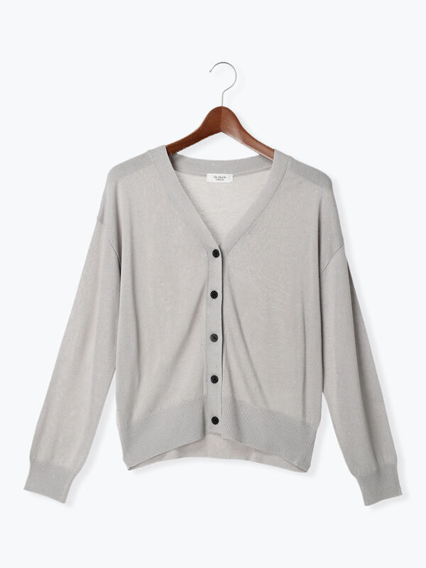 セール】 スパンコールVネックカーディガン（オフホワイト/グレー  