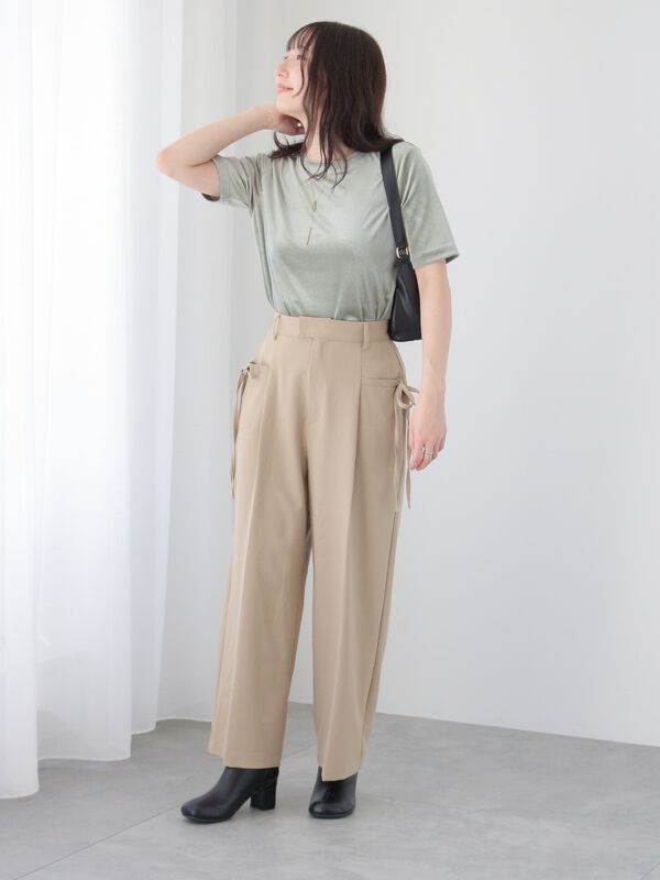 セール】 サイドリボンセンタープレスパンツ（チャコールグレー