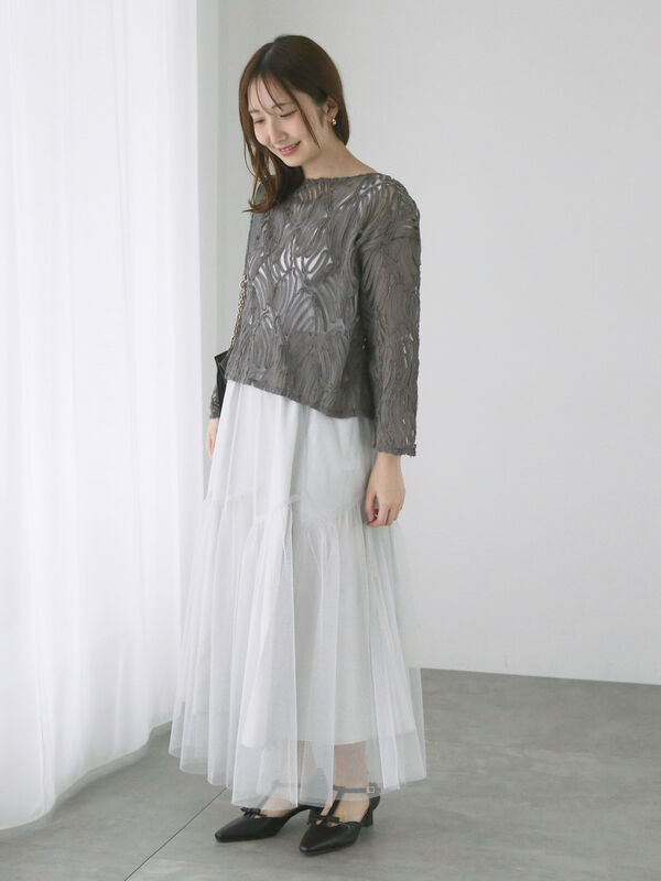 セール】 ラメチュール切替スカート（オフホワイト/ブラック/ブルー