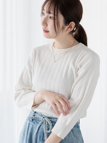 プリーツ編み7分袖クルーネックニット（オフホワイト/チャコールグレー/イエロー/ミント）｜Te chichi TERRASSE（テチチ テラス）通販