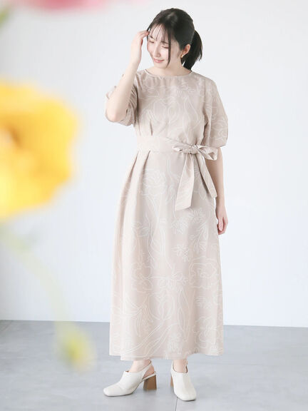 【日比谷花壇コラボ】刺繍ライクプリントワンピース（チャコールグレー/ベージュ/グリーン）｜Te chichi TERRASSE（テチチ テラス）通販
