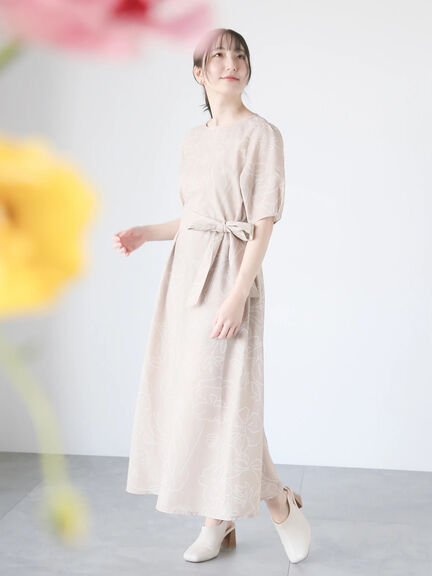 【日比谷花壇コラボ】刺繍ライクプリントワンピース（チャコールグレー/ベージュ/グリーン）｜Te chichi TERRASSE（テチチ テラス）通販