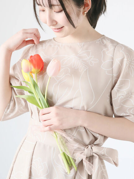 【日比谷花壇コラボ】刺繍ライクプリントワンピース（チャコールグレー/ベージュ/グリーン）｜Te chichi TERRASSE（テチチ テラス）通販