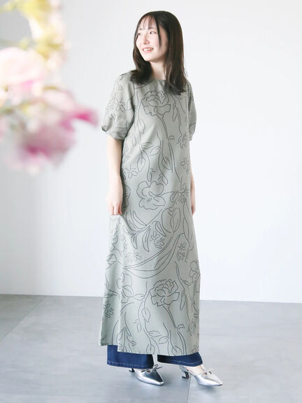 【日比谷花壇コラボ】刺繍ライクプリントワンピース（チャコールグレー/ベージュ/グリーン）｜Te chichi TERRASSE（テチチ テラス）通販