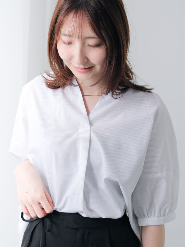ブラウスの店単品です aquagarage バイカラーギャザーブラウス シャツ 春秋 長袖 M L