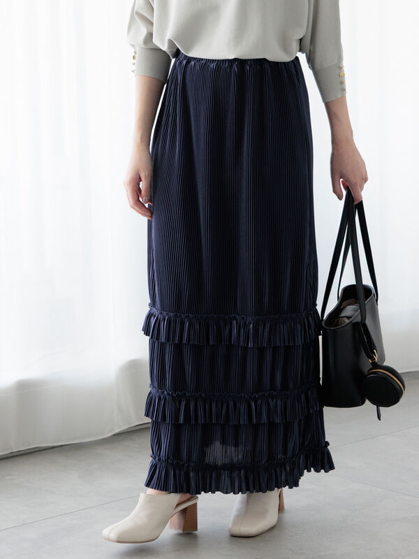 セール】 裾フリルプリーツスカート（オフホワイト/チャコールグレー