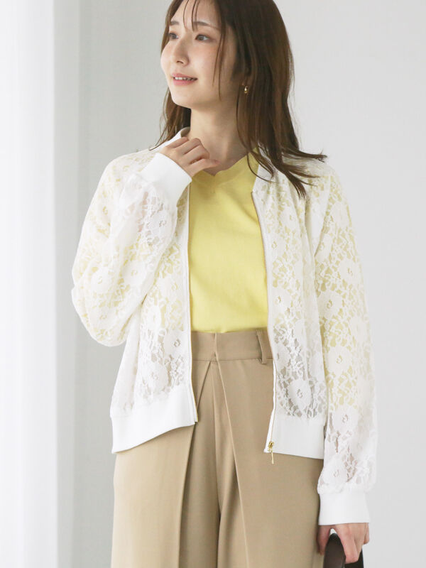 セール】 総レースリブブルゾン（オフホワイト/ブラック/アウター