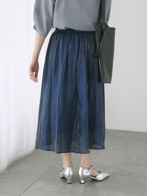 マチャット　レースサテンスカート（ネイビー） シアー サテン ギャザー フレア スカート（ セットアップ 可）