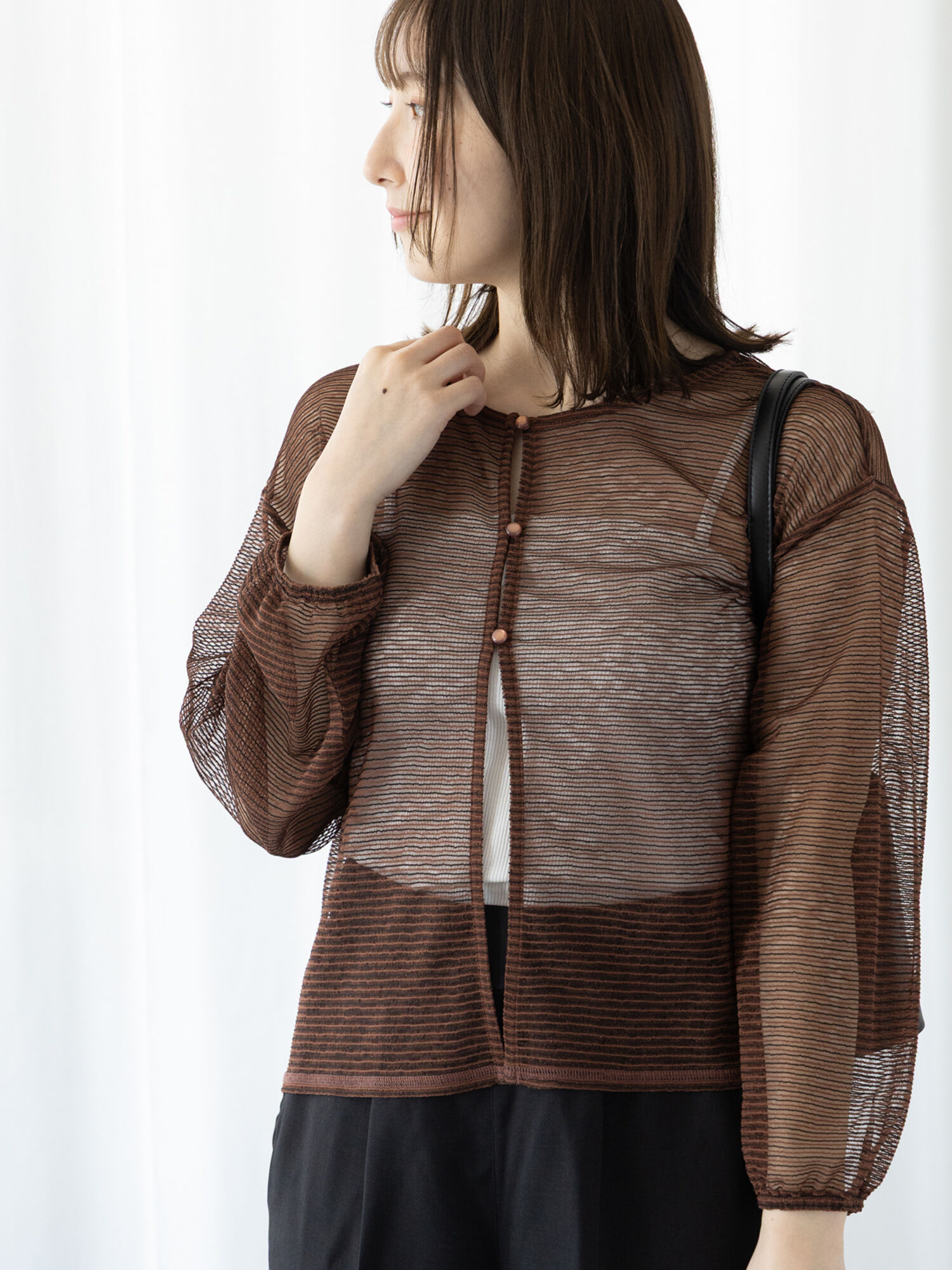 セール】 シアーストライプトップス（オフホワイト/ブラック/ブラウン