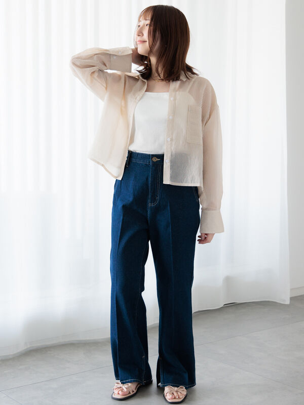 セール】 ストライプクロップドシアーシャツ（オフホワイト