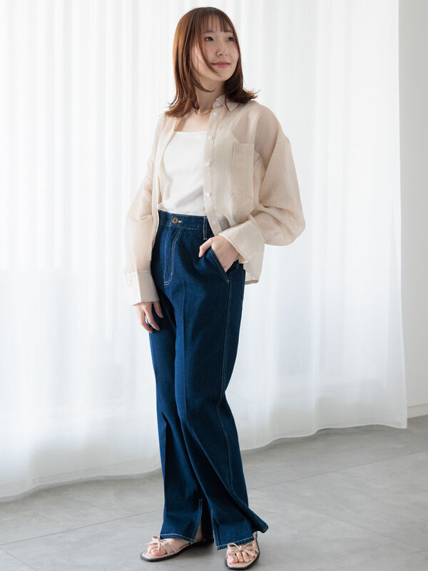 セール】 ストライプクロップドシアーシャツ（オフホワイト