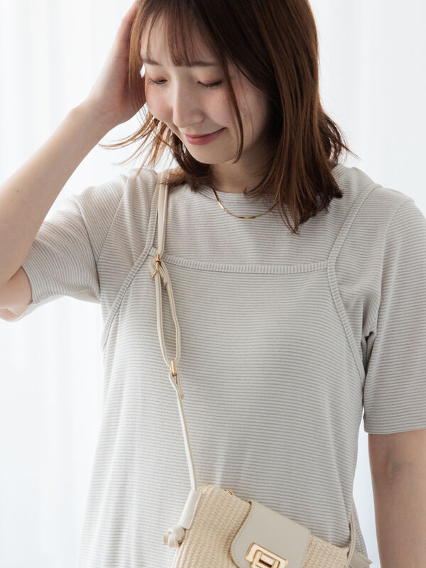 無地/ラメボーダー半袖Tシャツ（オフホワイト/チャコールグレー/ベージュ）｜Te chichi TERRASSE（テチチ テラス）通販