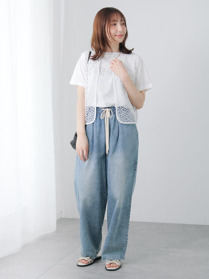 ラインストーン×刺繍Tシャツ（オフホワイト/チャコールグレー/ブラック/モカ）｜Te chichi TERRASSE（テチチ テラス）通販