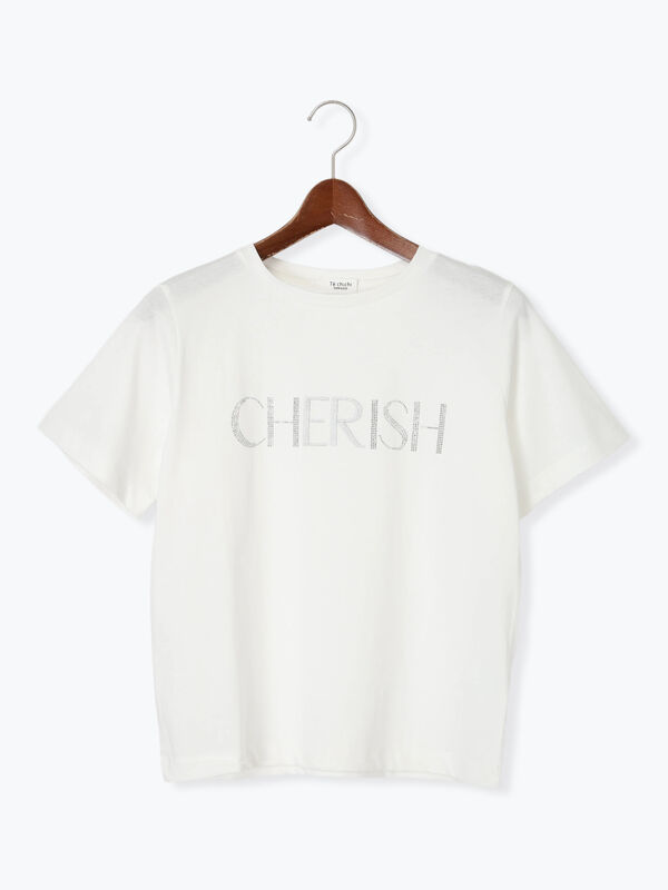 セール】 ラインストーン×刺繍Tシャツ（オフホワイト/チャコールグレー