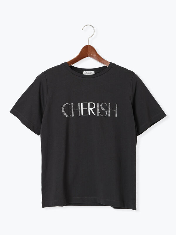 セール】 ラインストーン×刺繍Tシャツ（オフホワイト/チャコールグレー