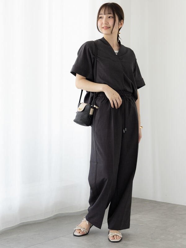 セール】 【セットアップ可】麻調イージーパンツ（チャコールグレー