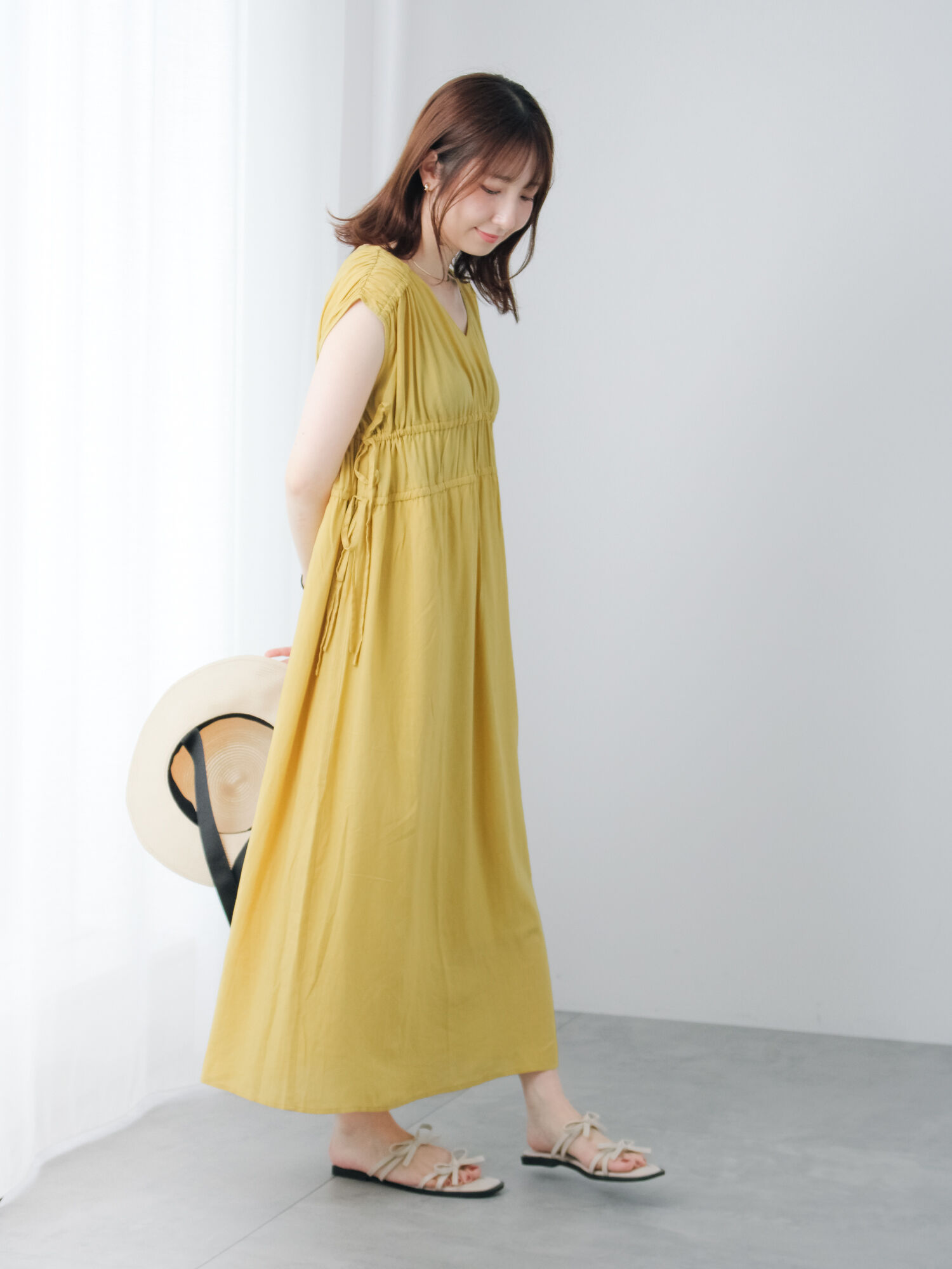 エブール Vネック リネン混 半袖 ロング ギャザー マキシ丈ワンピース マキシ 美品】エブール Vネック リネン混 半袖 ロング ギャザー