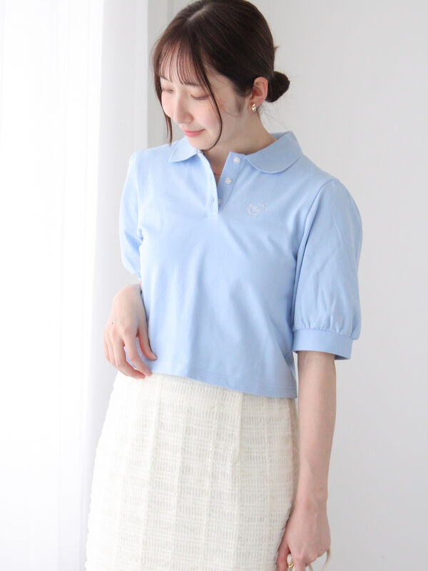 セール】 刺繍入りパフスリーブポロシャツ（オフホワイト/グレー