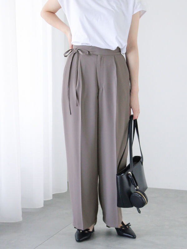 セール】 サイドリボンタックパンツ（オフホワイト/グレー
