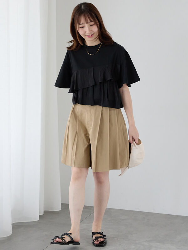 chez vidalencアンティークリネンキュロットパンツ セール】 チノキュロットプリーツショートパンツ（ベージュ