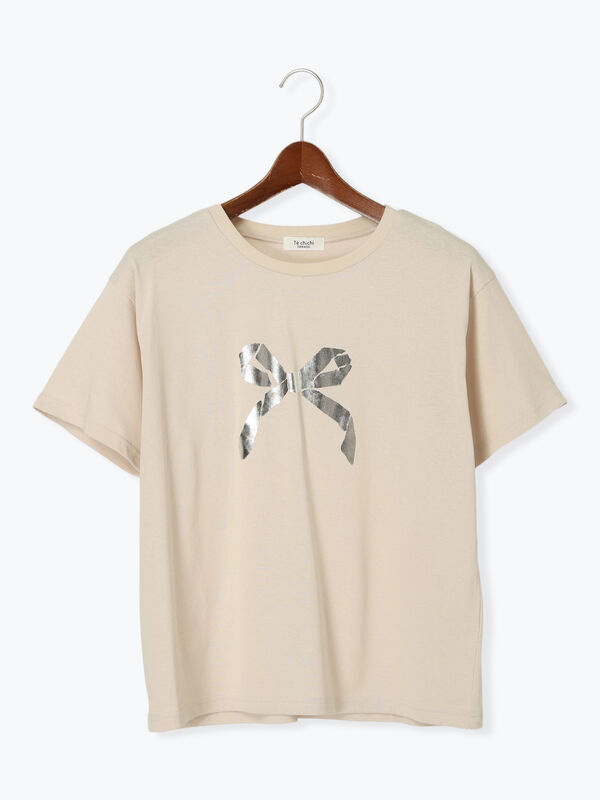 セール】 【接触冷感】箔リボンモチーフTシャツ（オフホワイト
